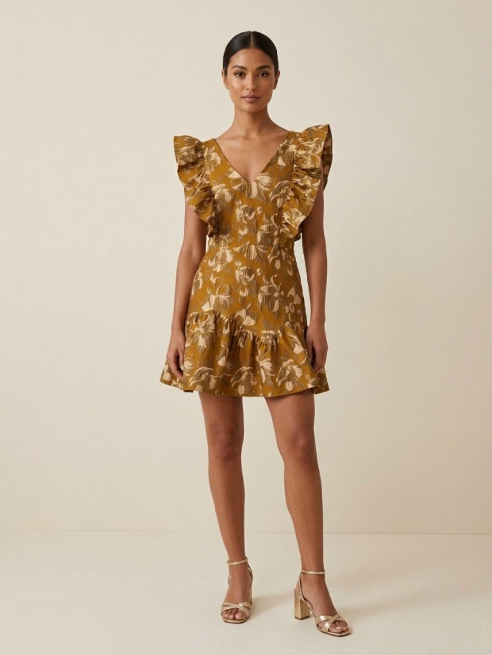LoveShackFancy Alanis Gold Floral Brocade Ruffle Mini Dress Size 2